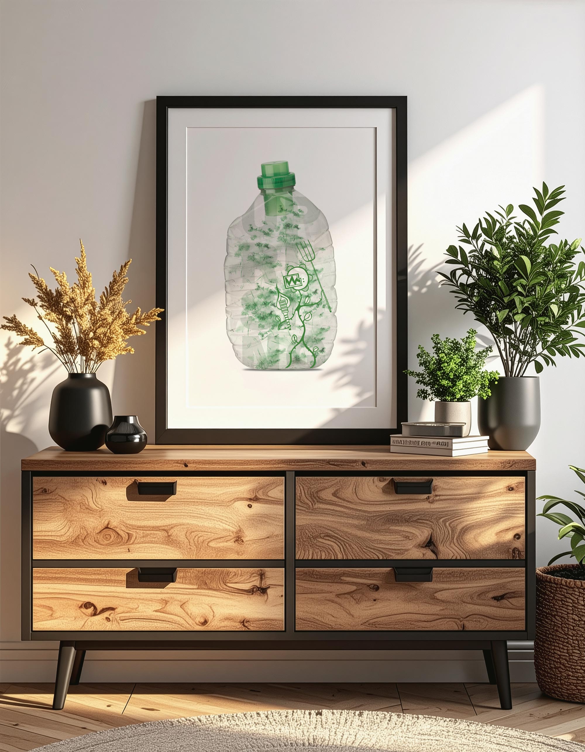 Aufstand der Pflanzen, Die Natur gefangen in einer alten Kunststoffflasche –Ausbeutung  und Zerstörung, der Bilderrahmen steht auf einer Eichenkomode umgeben von Pflanzen