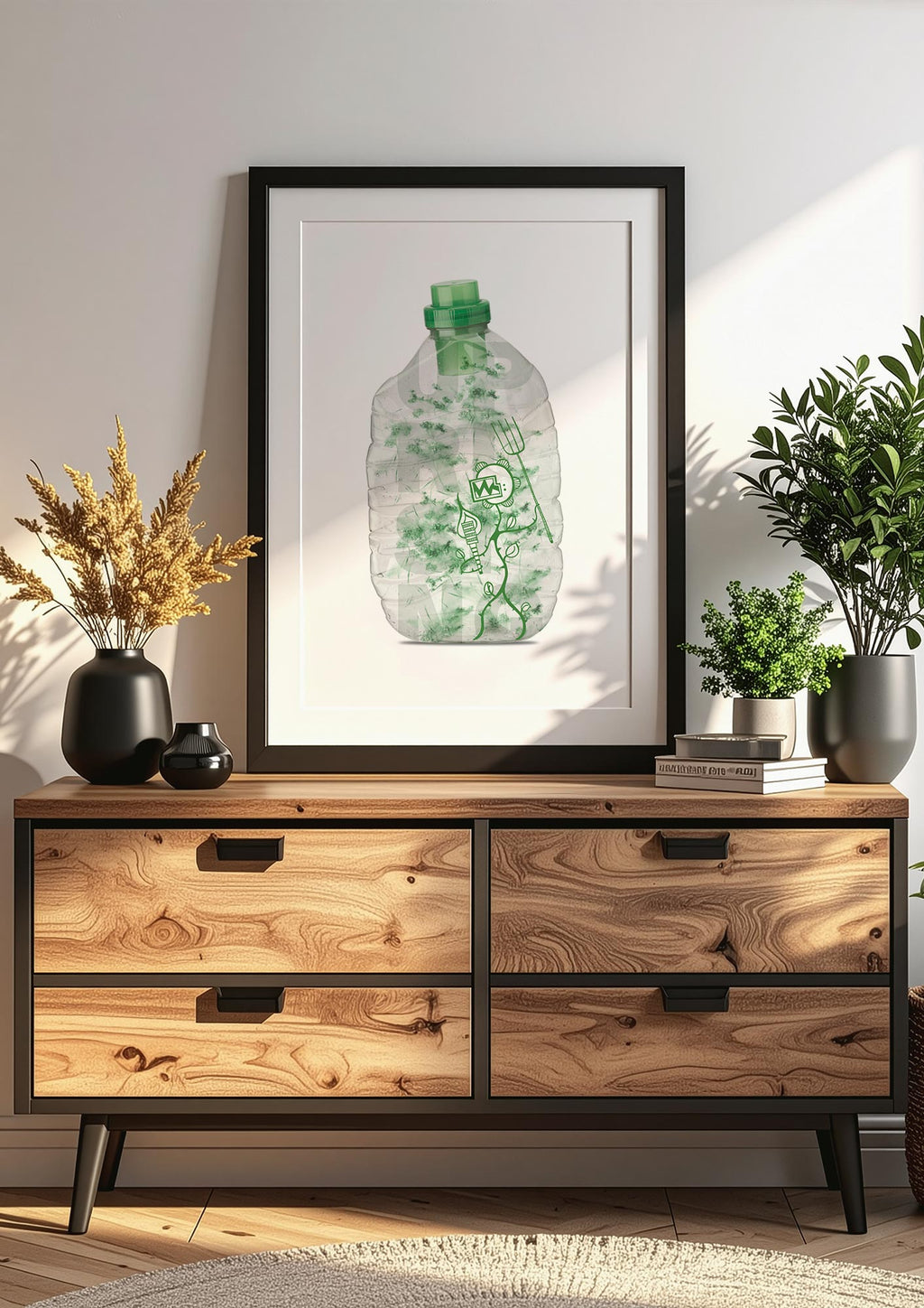 Natur gefangen in alten Kunststoffflasche Ausbeutung der Bilderrahmen steht auf einer Eichenkomode umgeben von Pflanzen