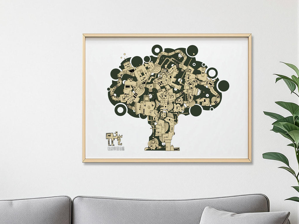 Baum in Grün Beige aus verschlungenen Illustrationen vor weißem Hintergrund #GeorgKippes #Illuwillu 297x210mm Kunstdruck