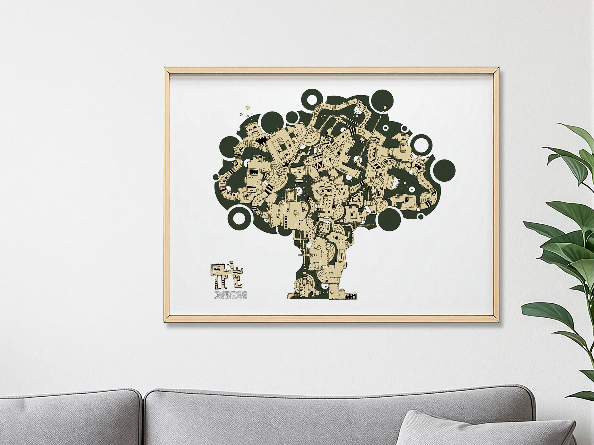 Baum in Grün Beige aus verschlungenen Illustrationen vor weißem Hintergrund #GeorgKippes #Illuwillu 297x210mm Kunstdruck