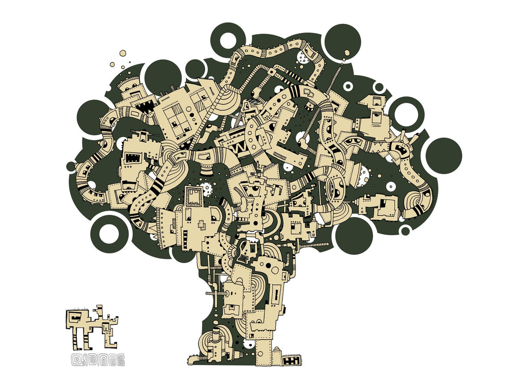 Baum in Grün Beige aus verschlungenen Illustrationen vor weißem Hintergrund #GeorgKippes #Illuwillu 300x400mm Kunstdruck