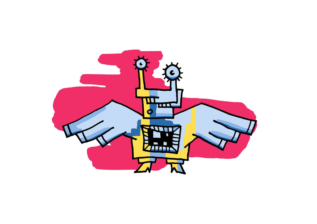 Illustration Taube blau gelb pinke Farbflächen #GeorgKippes #Illuwillu digital coloriert 297x210mm Farbe Fauna Kunstdruck