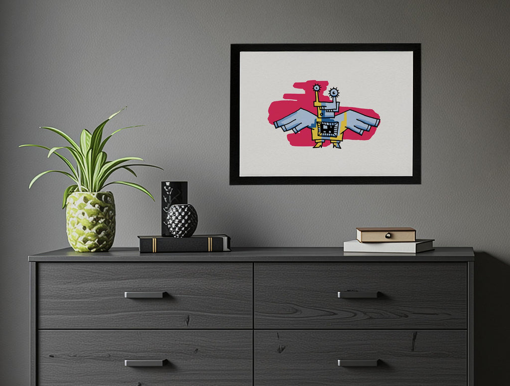 Illustration Taube blau gelb pinke Farbflächen #GeorgKippes #Illuwillu digital coloriert 297x210mm Farbe Fauna Kunstdruck