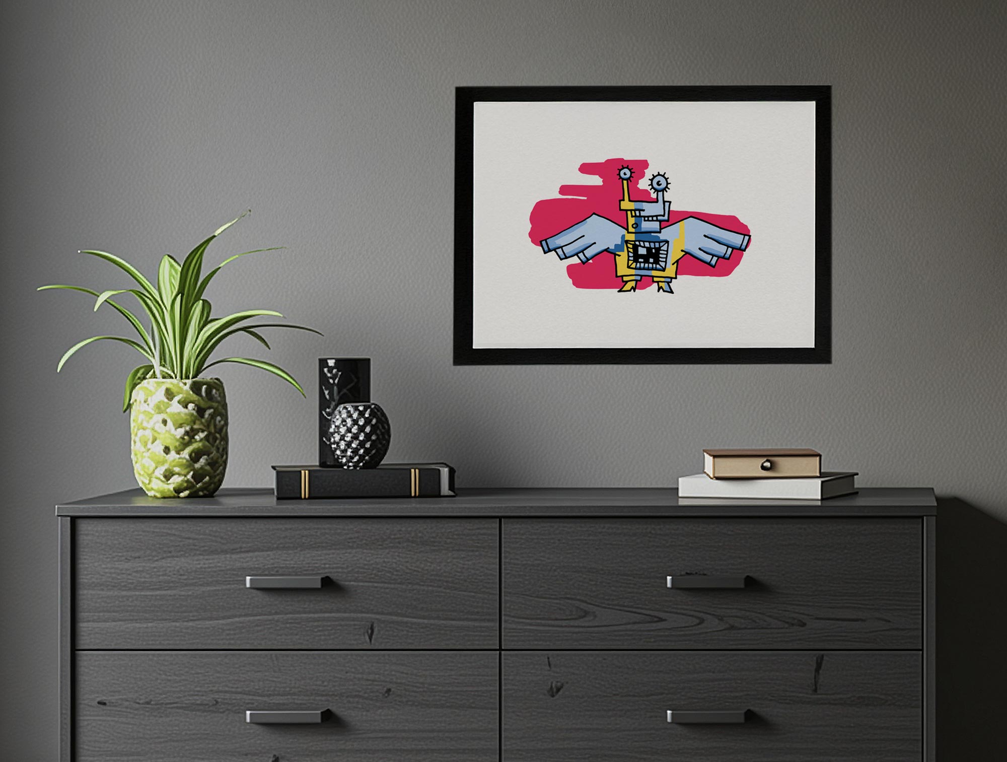 Illustration Taube blau gelb pinke Farbflächen #GeorgKippes #Illuwillu digital coloriert 297x210mm Farbe Fauna Kunstdruck