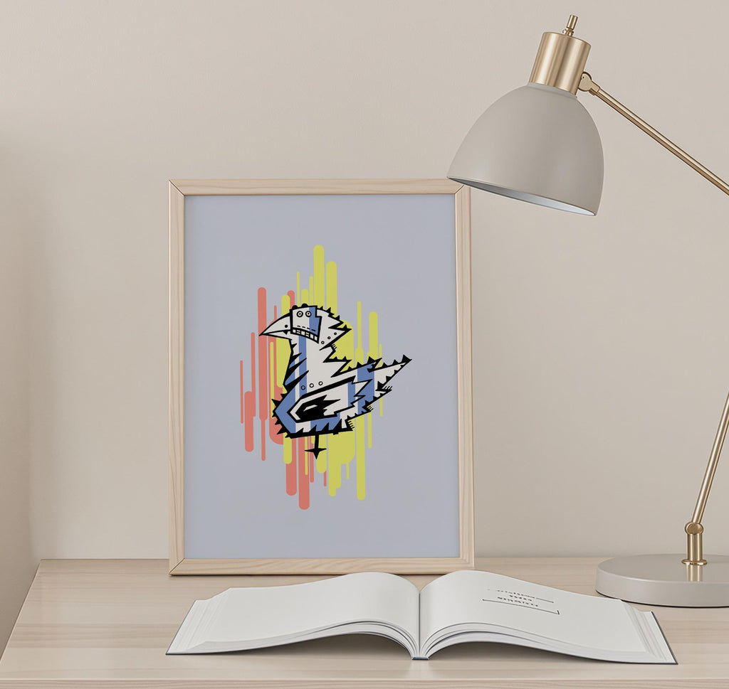 Hintergrund Blau Vogel illustriert mit Farbflächen Gelb Lachs digital coloriert #GeorgKippes #Illuwillu Kunstdruck 210x297mm