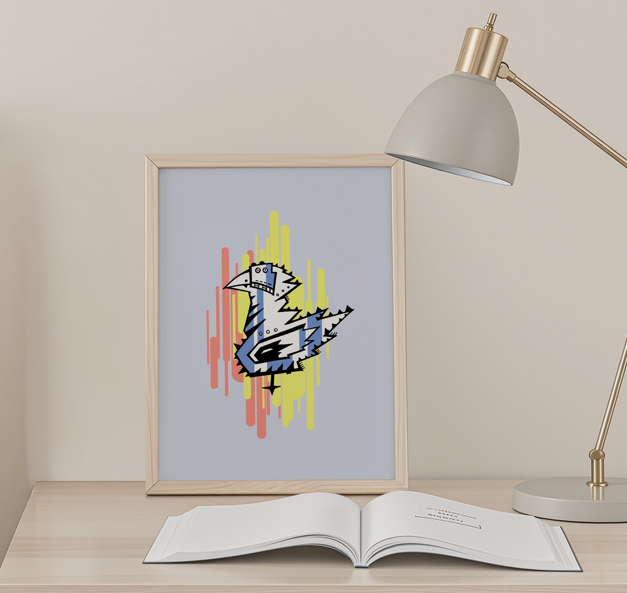 Hintergrund Blau Vogel illustriert mit Farbflächen Gelb Lachs digital coloriert #GeorgKippes #Illuwillu Kunstdruck 210x297mm