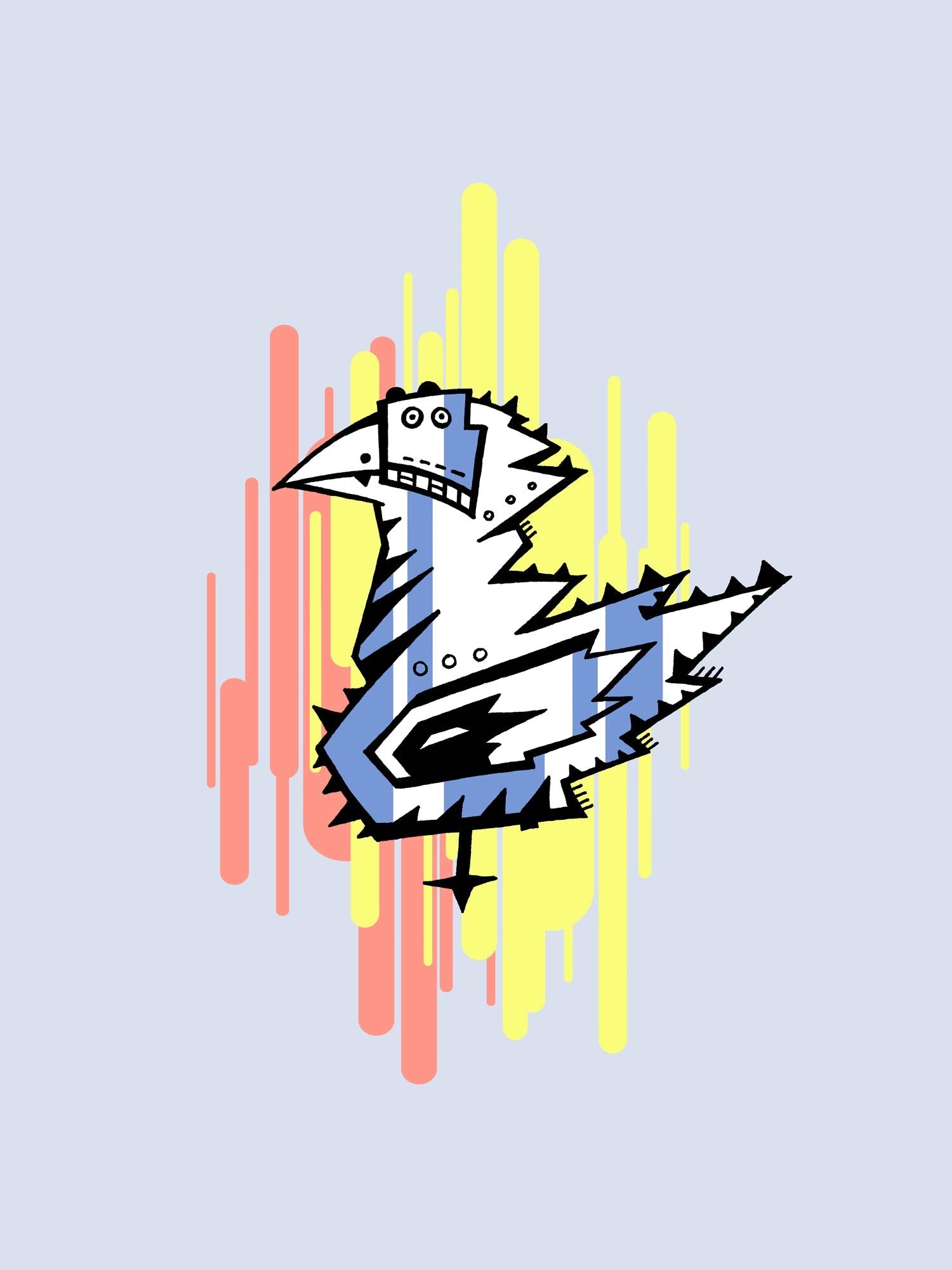 Hintergrund Blau Vogel illustriert mit Farbflächen Gelb Lachs digital coloriert #GeorgKippes #Illuwillu Kunstdruck 300x400mm