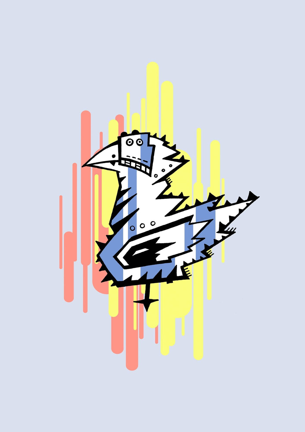 Hintergrund Blau Vogel illustriert mit Farbflächen Gelb Lachs digital coloriert #GeorgKippes #Illuwillu Kunstdruck 210x297mm