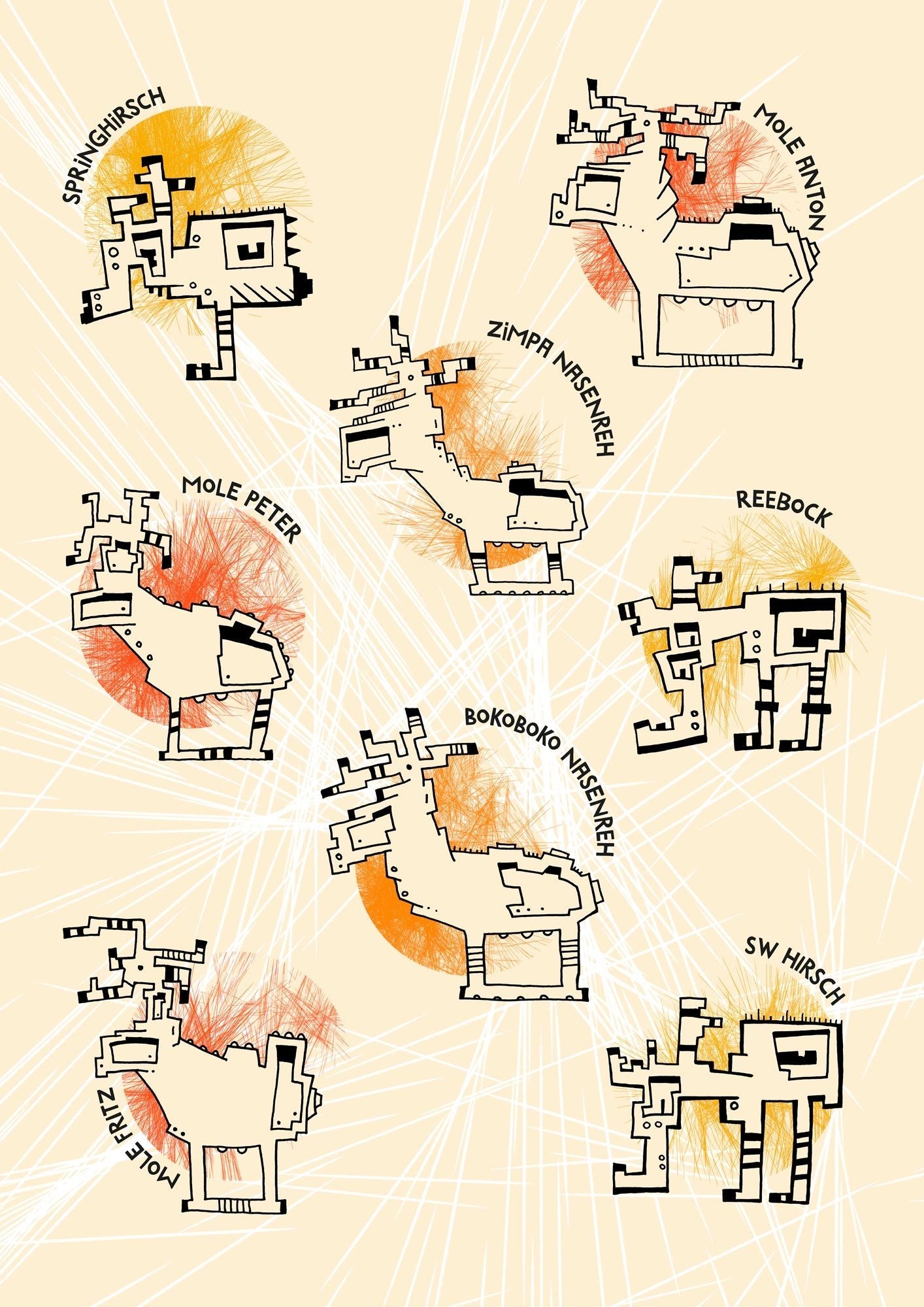 Hirsche aus der Familie der Spaßhufer digital colorierte Illustration Illuwillu 210x297mm Farbe Fauna Kunstdrucke