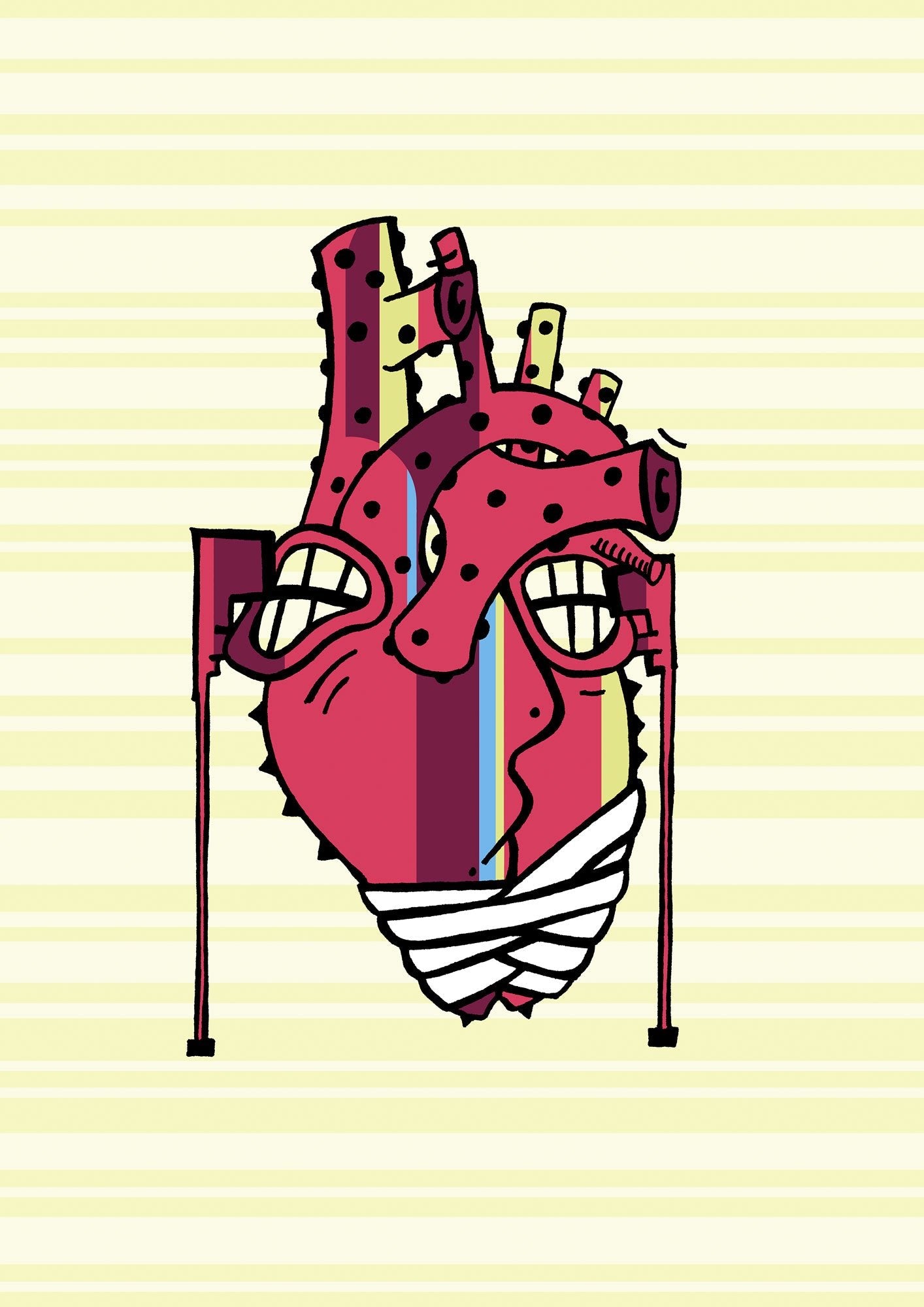 Illustration rotes Herz mit Verband auf Krücke gelber Hintergrund  #GeorgKippes #Illuwillu digital Kunstdruck 210x297mm