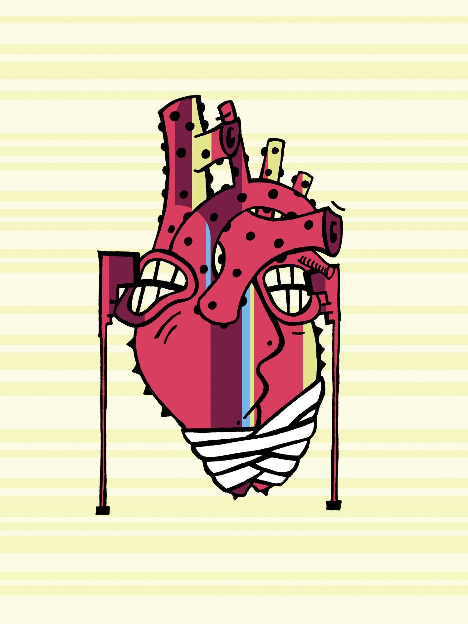 Illustration rotes Herz mit Verband auf Krücke gelber Hintergrund  #GeorgKippes #Illuwillu digital Kunstdruck 300x400mm