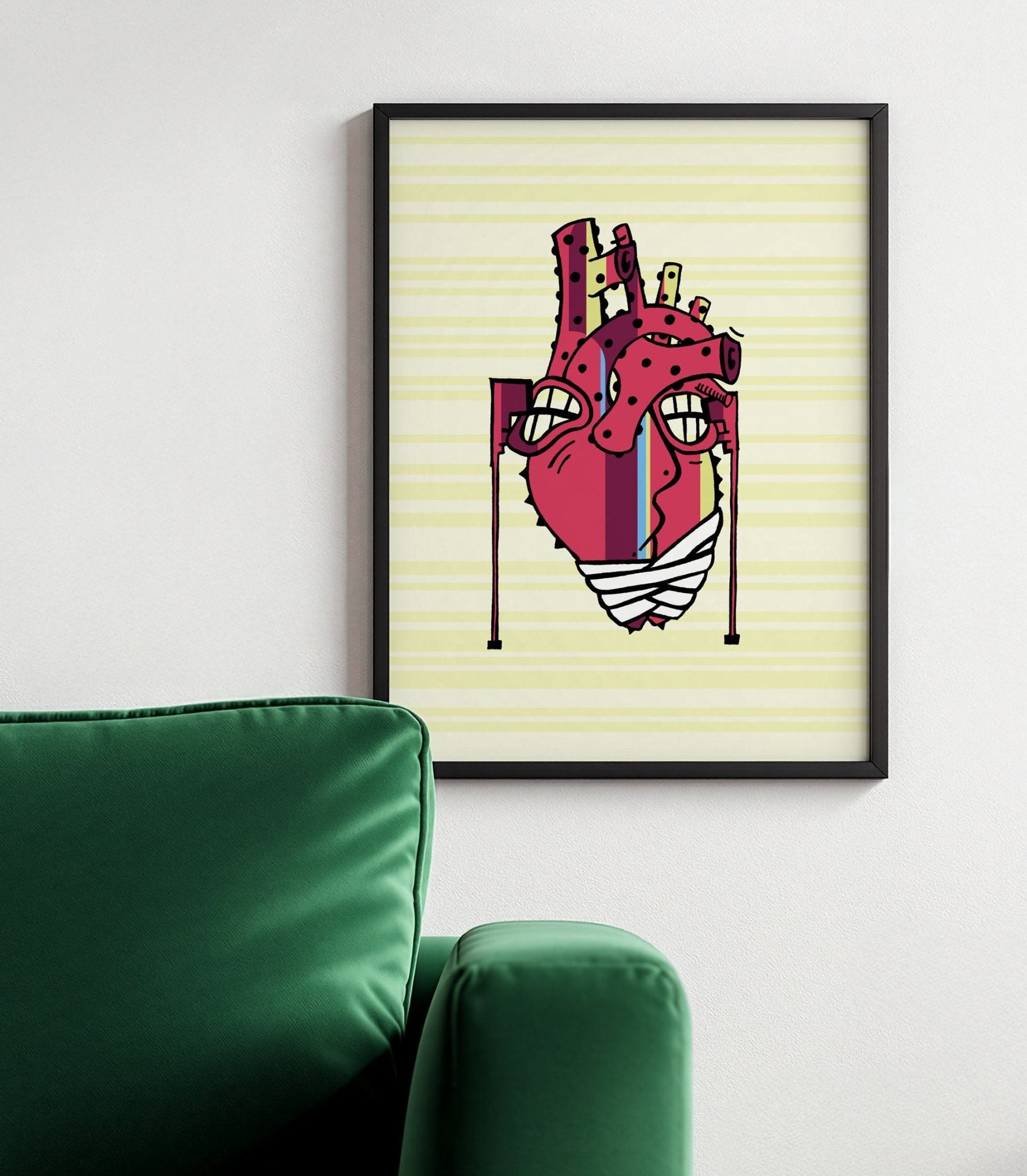 Illustration rotes Herz mit Verband auf Krücke gelber Hintergrund  #GeorgKippes #Illuwillu digital Kunstdruck 210x297mm