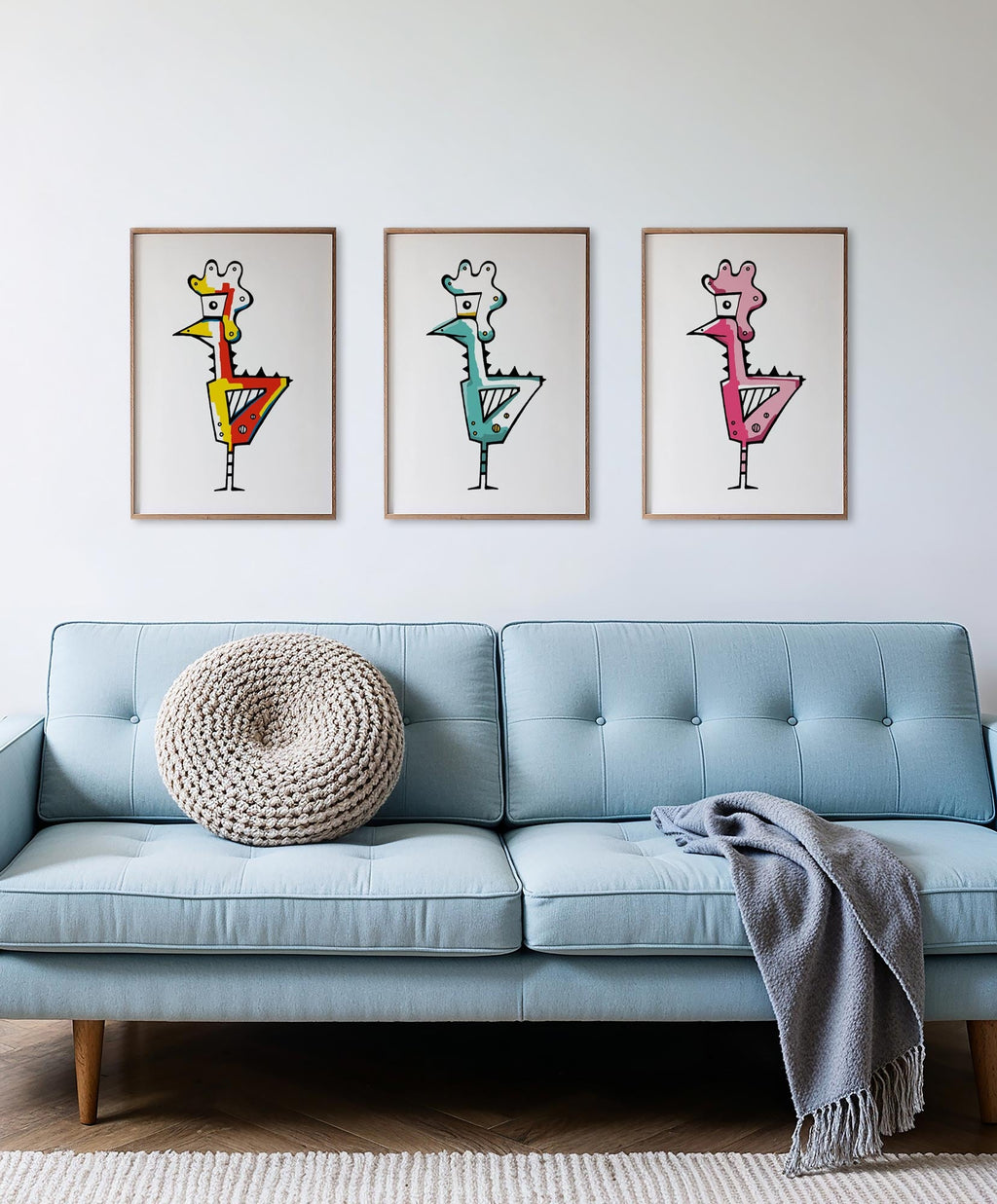 3 Zeichnungen Hahn handillustriert #GeorgKippes #Illuwillu digital coloriert 210x297mm rot-gelb blau-gelb rosa Farbe Fauna