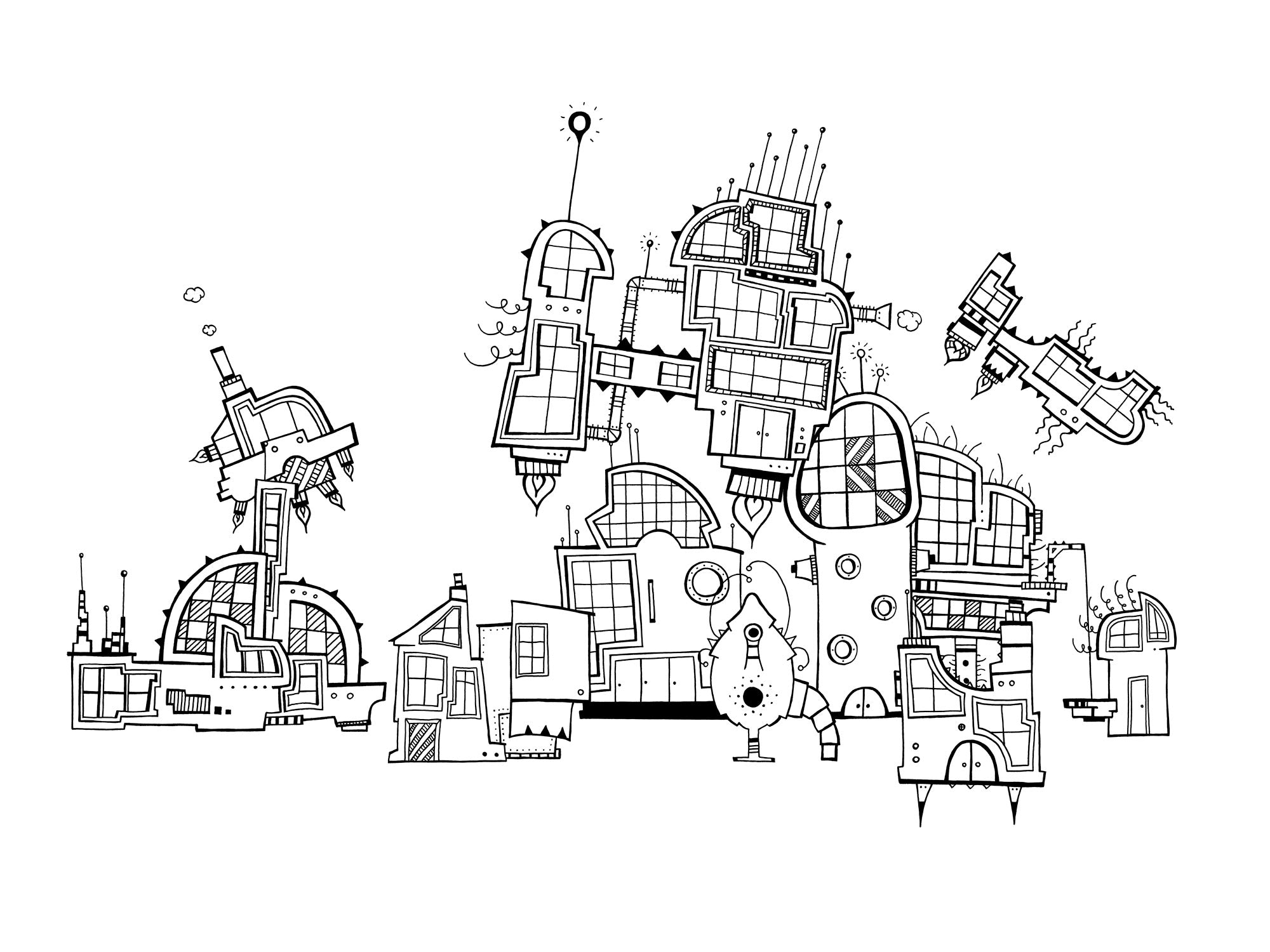 Illuwillu Stadt - digital colorierte Illustration - Illuwillu Kunstdruck 800x600mm Kunstdrucke schwarz weiß Stadt