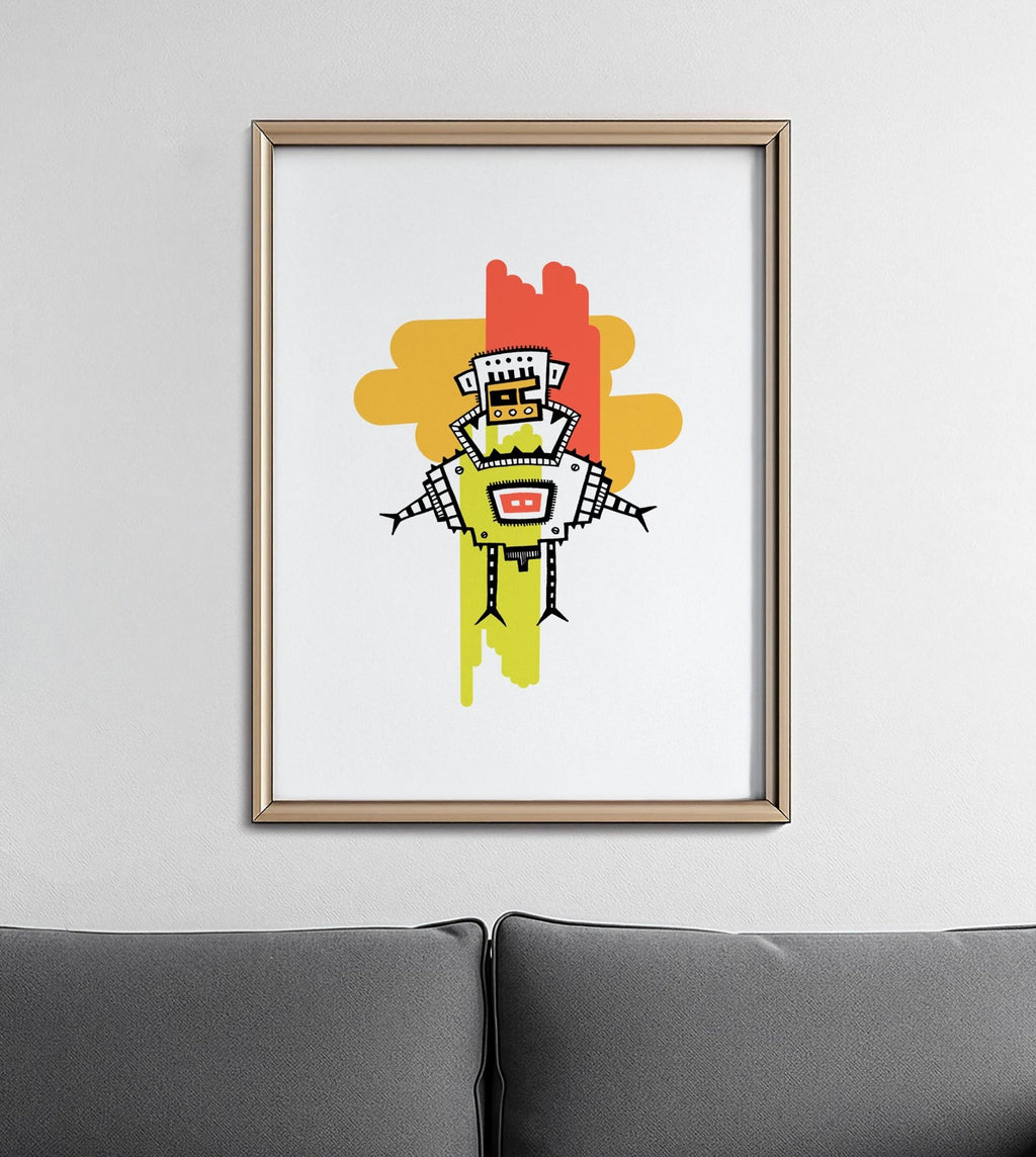 Illustration Männchen mit rot orange gelb Farbflächen digital colorierte #GeorgKippes #Illuwillu Kunstdruck 210x297mm