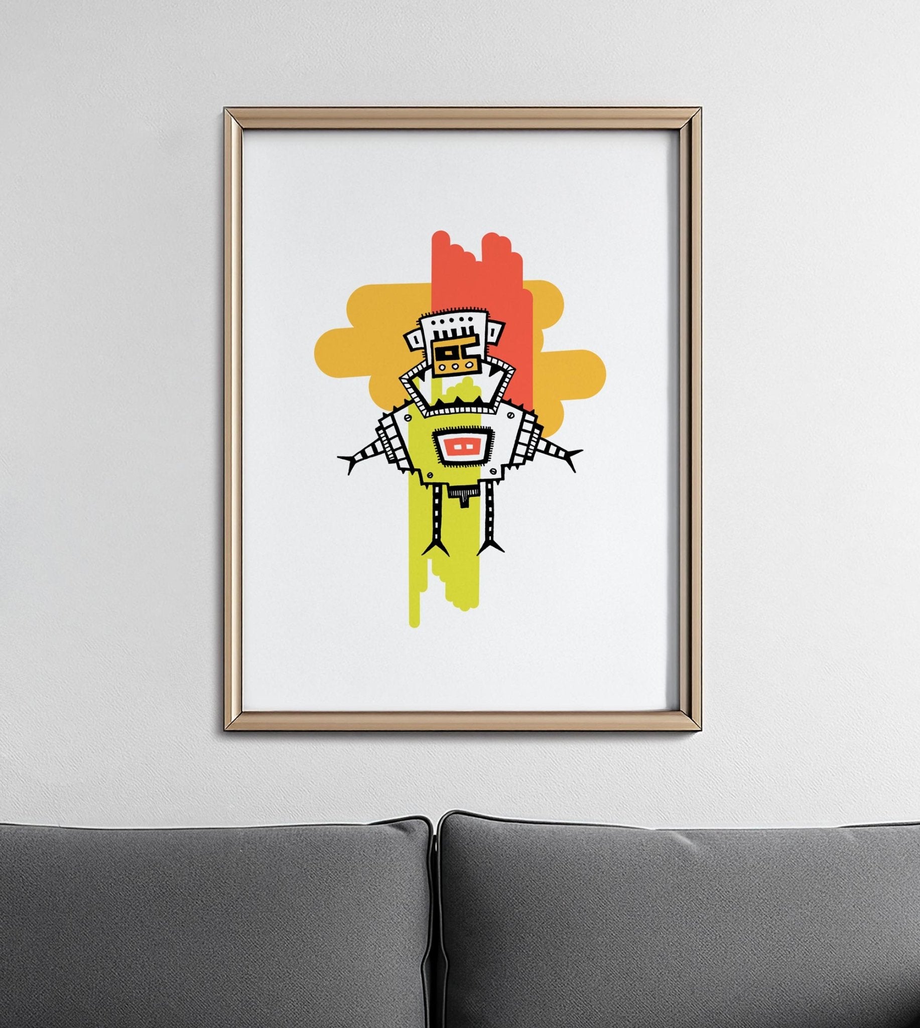 Illustration Männchen mit rot orange gelb Farbflächen digital colorierte #GeorgKippes #Illuwillu Kunstdruck 210x297mm