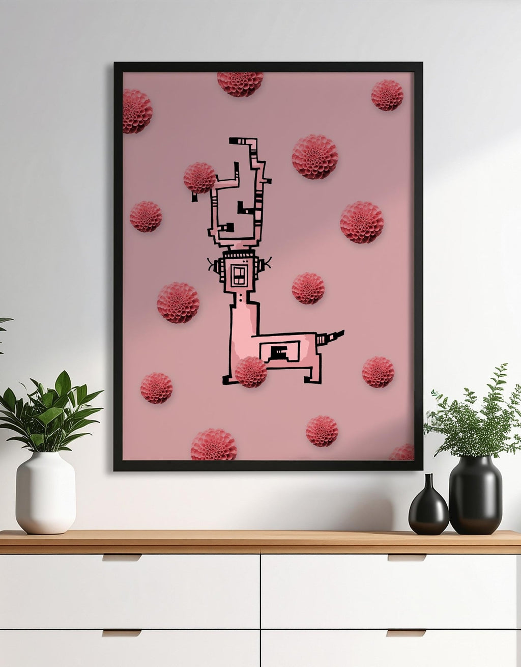 Illustration Hirsch rosa Hintergrund Rosa Dahlien #GeorgKippes #Illuwillu 210x297mm Farbe Fauna Kunstdruck