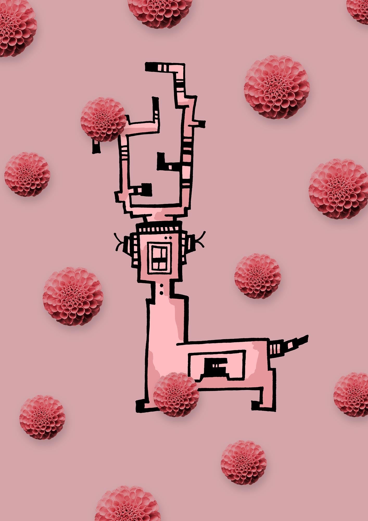 Illustration Hirsch rosa Hintergrund Rosa Dahlien #GeorgKippes #Illuwillu 210x297mm Farbe Fauna Kunstdruck