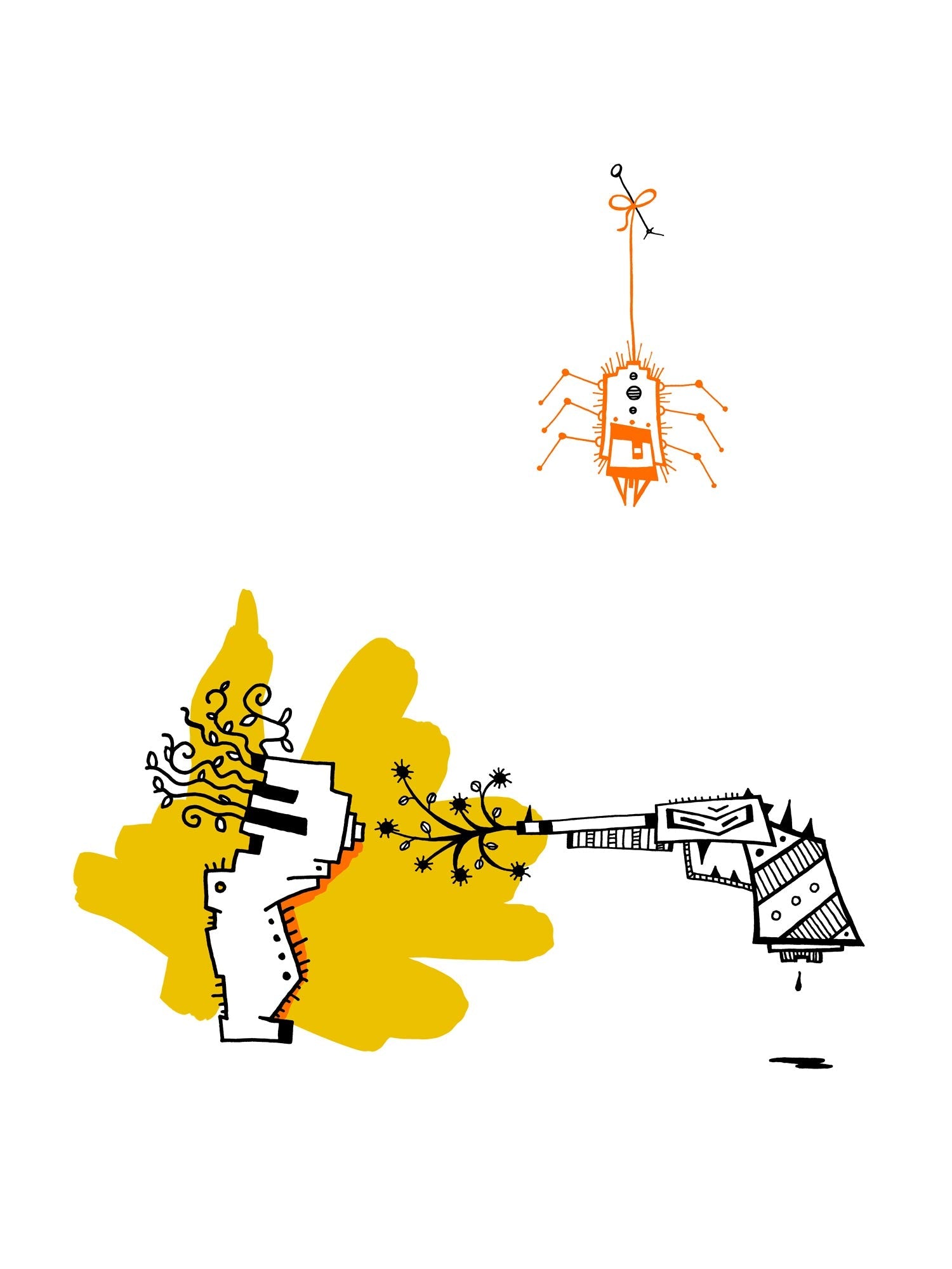 Figuren illustriert Männchen Pistole Spinne #GeorgKippes #Illuwillu digital colorierte Kunstdruck 300x400mm schwarz weiß Gelb