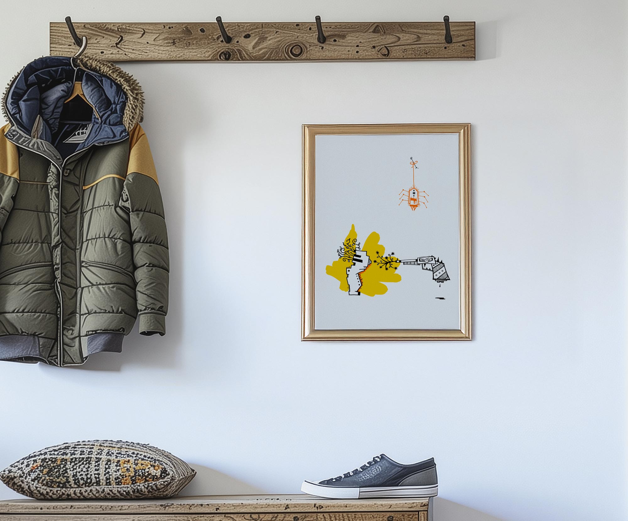 Figuren illustriert Männchen Pistole Spinne #GeorgKippes #Illuwillu digital colorierte Kunstdruck 210x297mm schwarz weiß Gelb