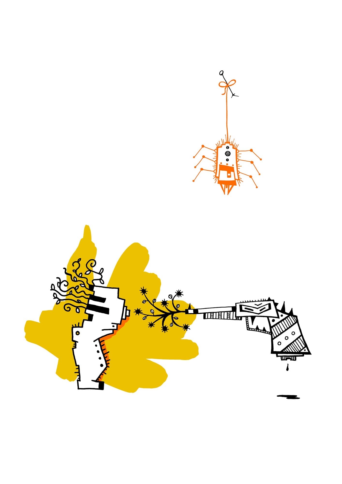 Figuren illustriert Männchen Pistole Spinne #GeorgKippes #Illuwillu digital colorierte Kunstdruck 210x297mm schwarz weiß Gelb